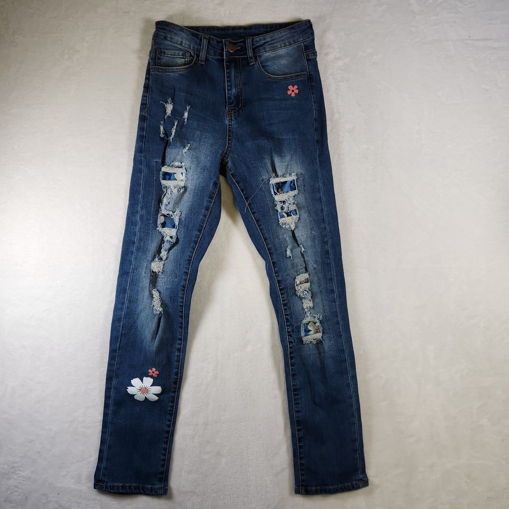 Floral Patch Distressed Skinny Jeans Sz S Blue Stretch Denim‎ Mid Rise Casual